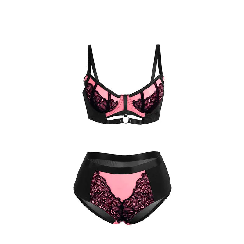 lingerie dentelle résille rose soutiengorge rembourré rehausse poitrine féminine séduisante confortable extensible douce florale translucide polyester elasthanne taille LXL