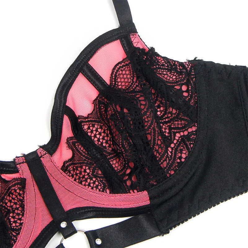 lingerie dentelle résille rose soutiengorge rembourré rehausse poitrine féminine séduisante confortable extensible douce florale translucide polyester elasthanne taille LXL