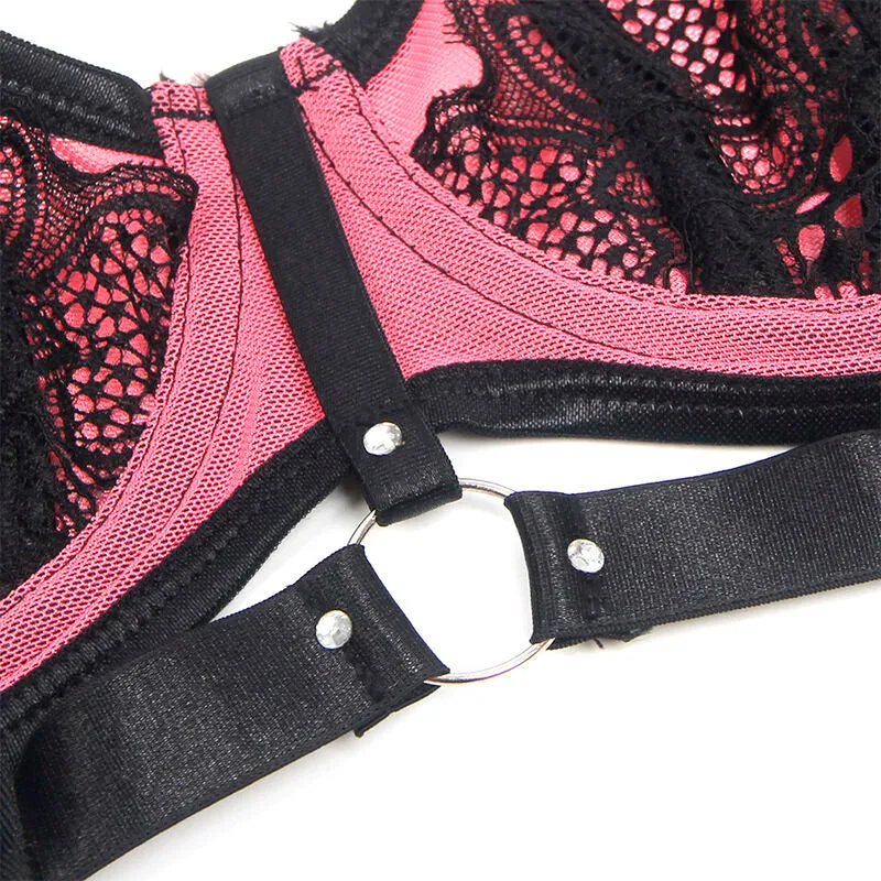 lingerie dentelle résille rose soutiengorge rembourré rehausse poitrine féminine séduisante confortable extensible douce florale translucide polyester elasthanne taille LXL
