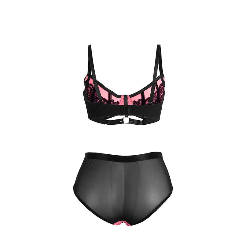 lingerie dentelle résille rose soutiengorge rembourré rehausse poitrine féminine séduisante confortable extensible douce florale translucide polyester elasthanne taille LXL