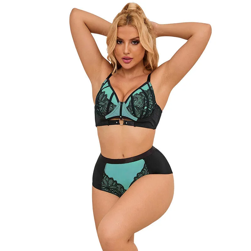 ensemble lingerie dentelle maille verte soutiengorge amplifiant sublime élégant moderne séduisant féminin confortable raffiné floral extensible