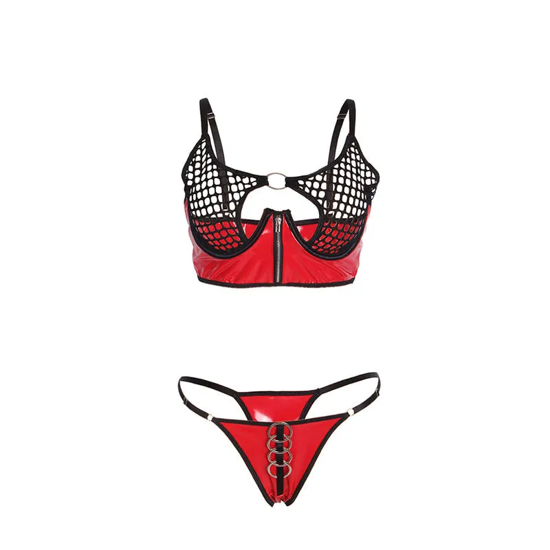 ensemble lingerie similicuir rouge maille fermeture éclair avant sensuel audacieux sexy brillant transparent extensible confortable moulant glamour séduisant