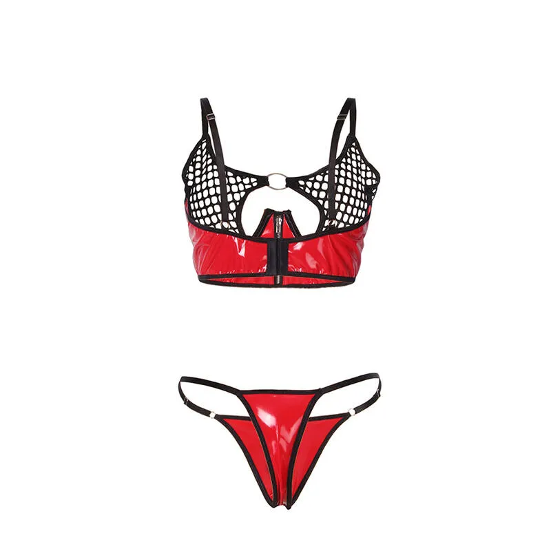 ensemble lingerie similicuir rouge maille fermeture éclair avant sensuel audacieux sexy brillant transparent extensible confortable moulant glamour séduisant