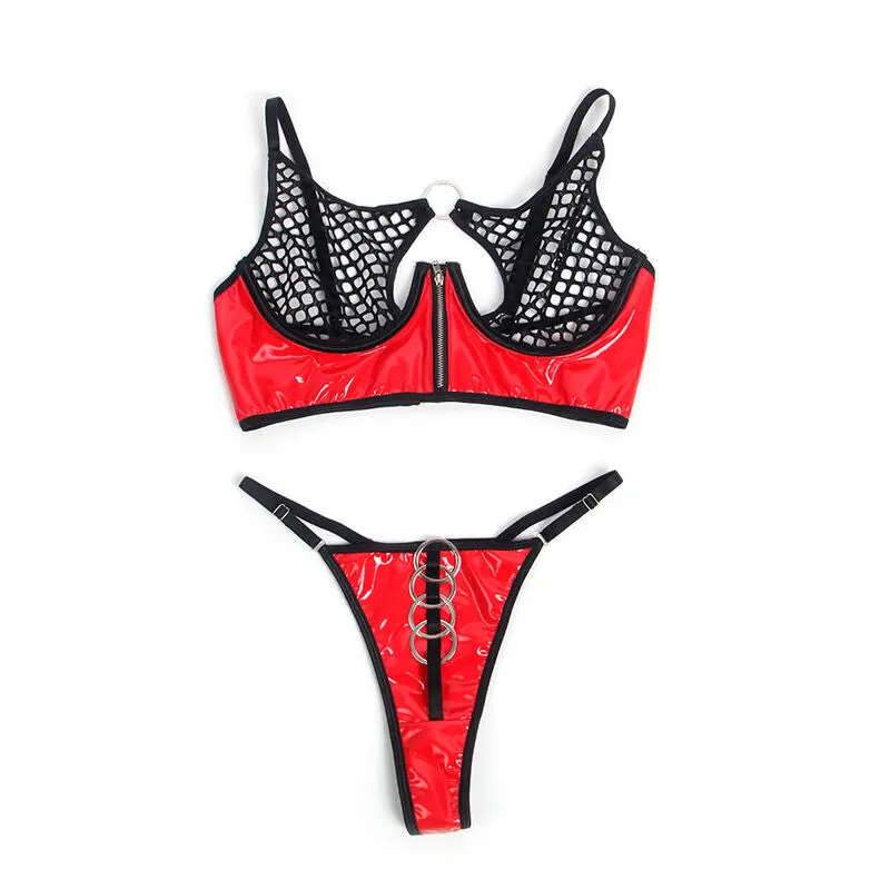 ensemble lingerie similicuir rouge maille fermeture éclair avant sensuel audacieux sexy brillant transparent extensible confortable moulant glamour séduisant