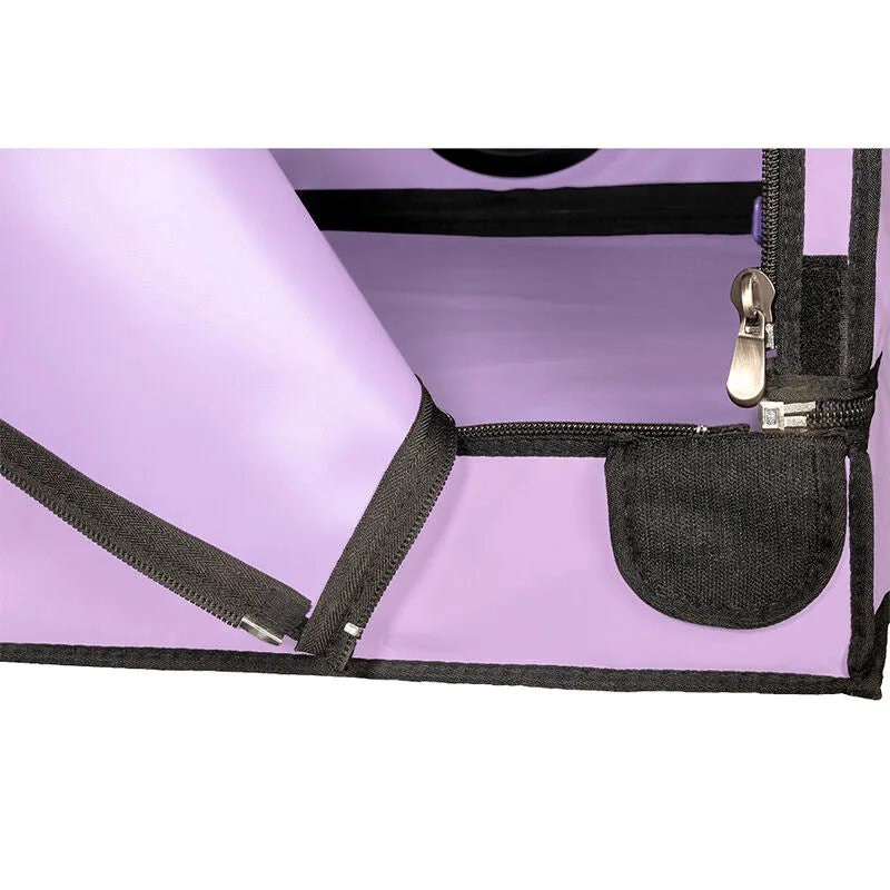 cabine intime violette jeux rôle soumission lumière LED immersive compacte cocon plaisir portable robuste sécurisée matelas intégré accessoires discrets