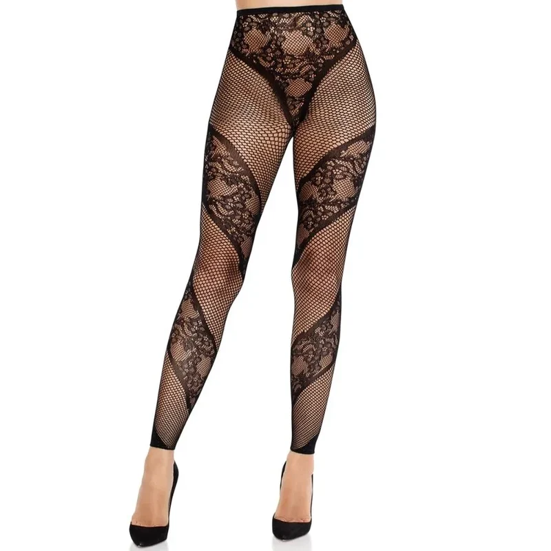 Collants sans pieds noirs dentelle résille galbant élégant luxueux extensible confortable nylon élasthanne sophistiqué sensuel polyvalent jambes élancées