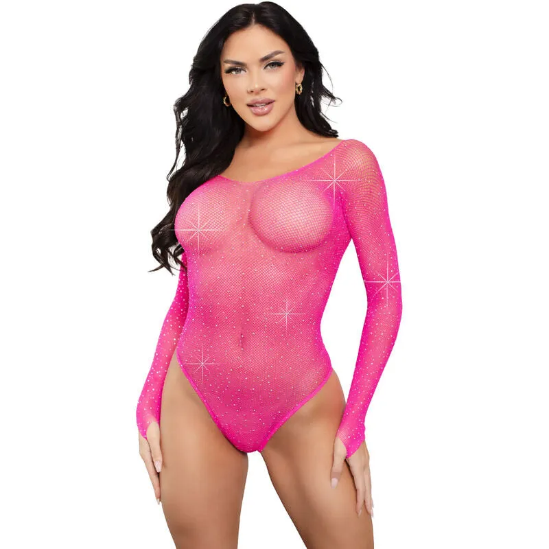 justaucorps résille strass manches longues culotte pratique glamour soirée élégance sensualité extensible léger moulant maille scintillant taille unique confort ajustement