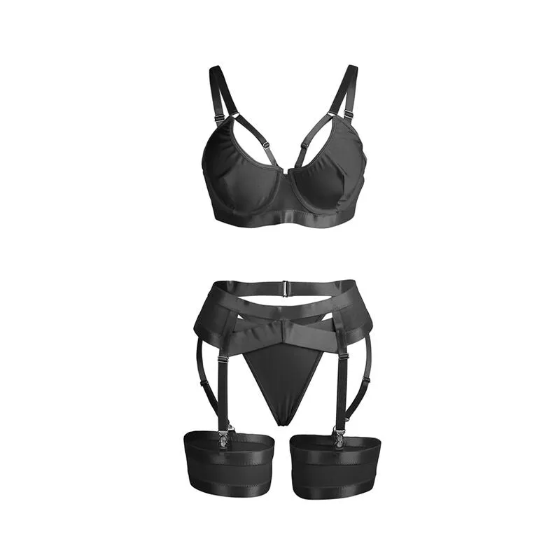 ensemble lingerie bondage noir portejarretelles soutiengorge ajustable bretellesreglables sensuelle sexy élégante luxueuse extensible confortable maintien finitionsraffinees silhouette provocante audacieuse captivante