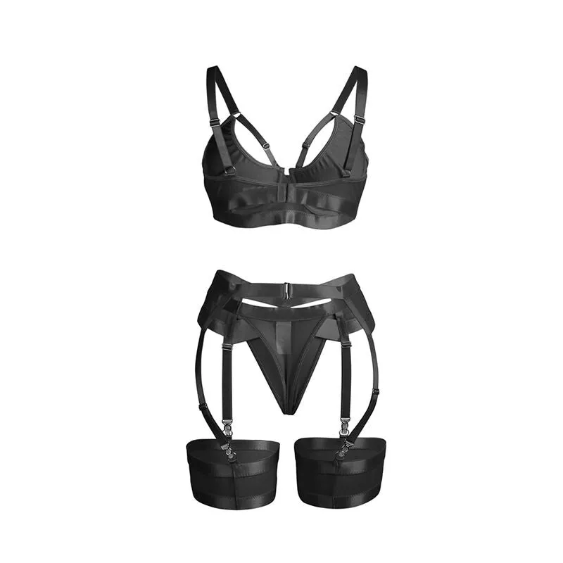 ensemble lingerie bondage noir portejarretelles soutiengorge ajustable bretellesreglables sensuelle sexy élégante luxueuse extensible confortable maintien finitionsraffinees silhouette provocante audacieuse captivante