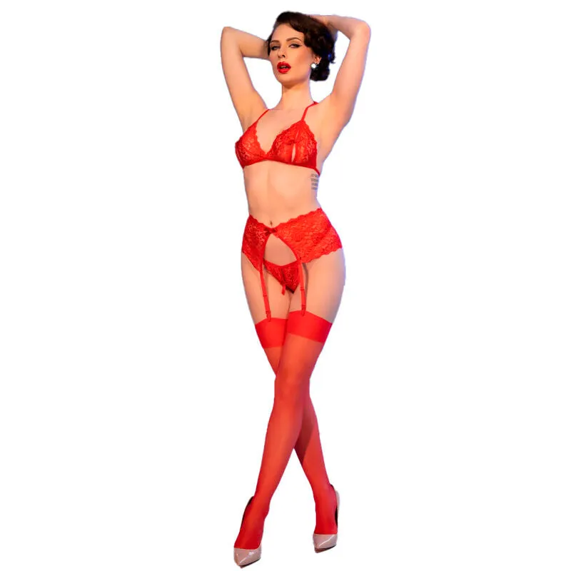 ensemble lingerie dentelle rouge ardent soutiengorge fentes noeud jarretelles zircons scintillants glamour élastique polyamide élasthanne maintien confortable soirée