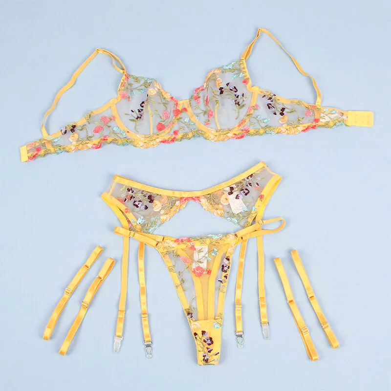 lingerie sexy femmes grande taille soutien gorge rembourré bretelles ajustables string porte jarretelles floral jaune extensible confortable