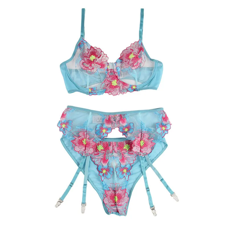 ensemble lingerie soutiengorge culotte portejarretelles floral bleu sexy séduisante confort qualité extensible maintien durable féminine taille L XL