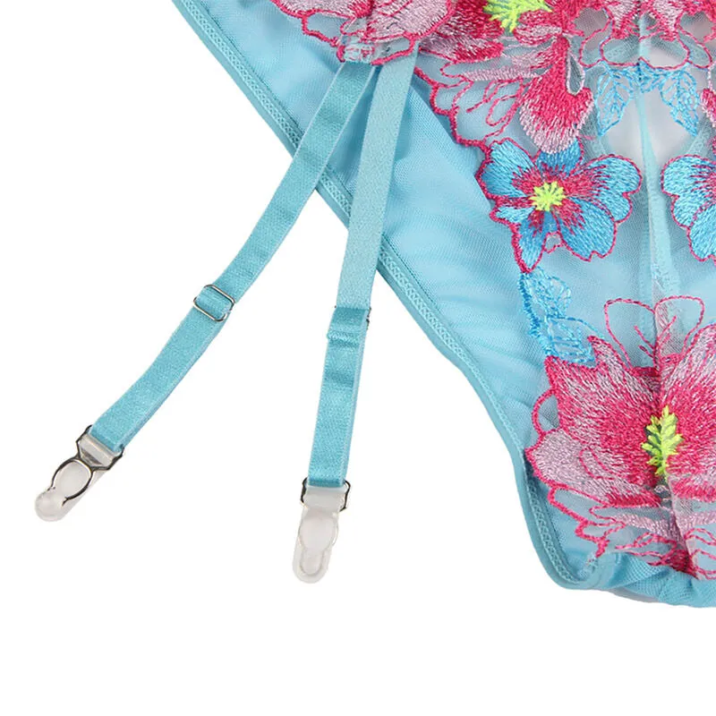 ensemble lingerie soutiengorge culotte portejarretelles floral bleu sexy séduisante confort qualité extensible maintien durable féminine taille L XL