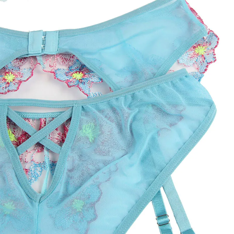 ensemble lingerie soutiengorge culotte portejarretelles floral bleu sexy séduisante confort qualité extensible maintien durable féminine taille L XL