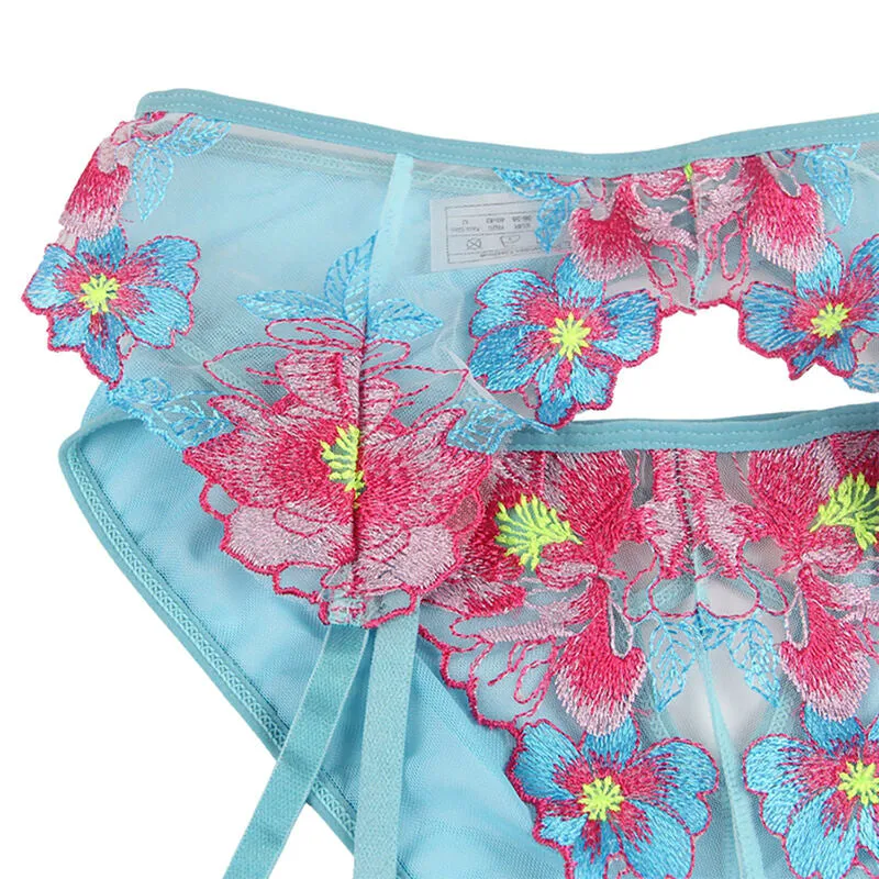 ensemble lingerie soutiengorge culotte portejarretelles floral bleu sexy séduisante confort qualité extensible maintien durable féminine taille L XL