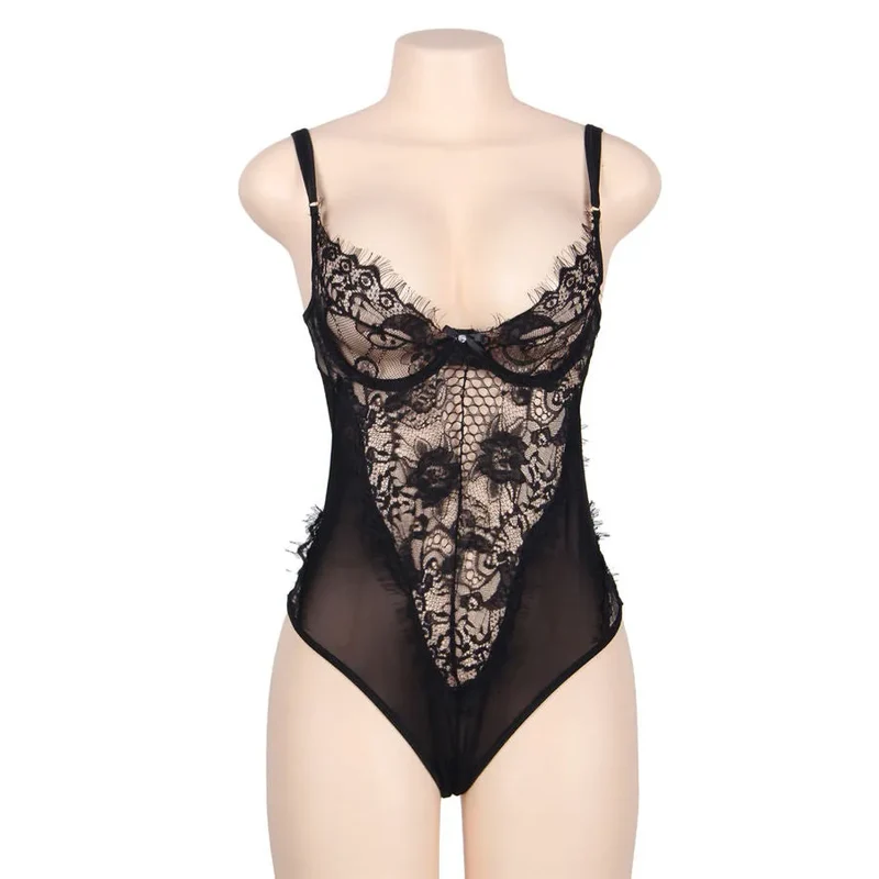 Sublime lingerie grande taille dentelle florale noire combinaison sexy féminine luxueuse franges transparentes ajustée confortable élégante raffinée séduisante