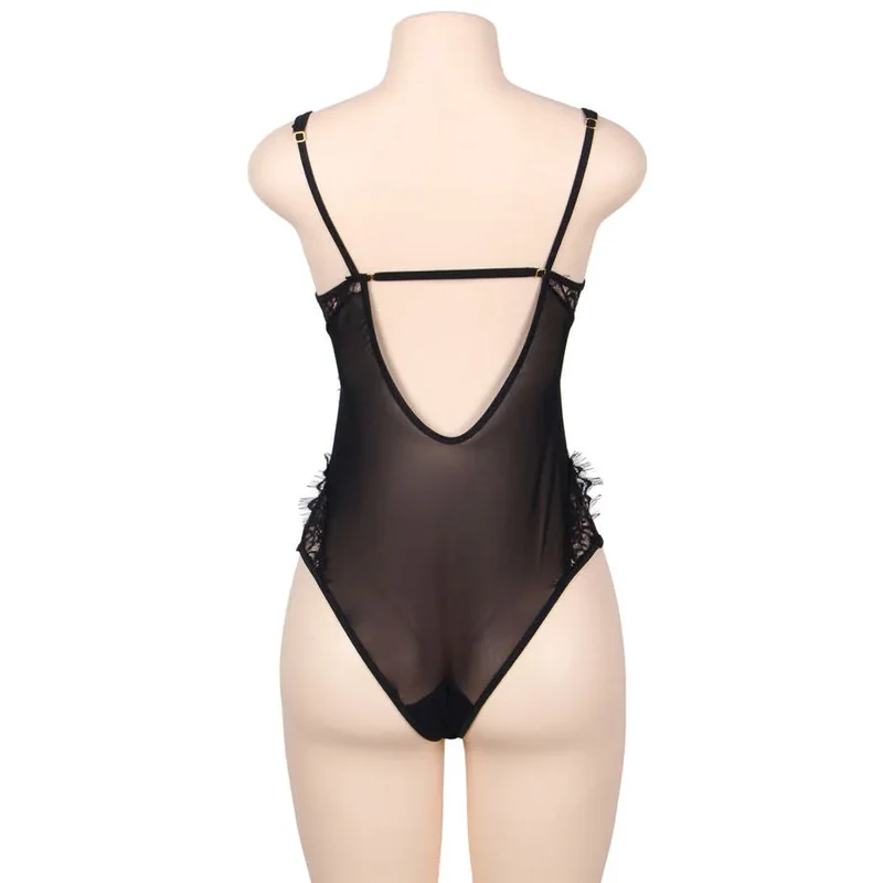 Sublime lingerie grande taille dentelle florale noire combinaison sexy féminine luxueuse franges transparentes ajustée confortable élégante raffinée séduisante