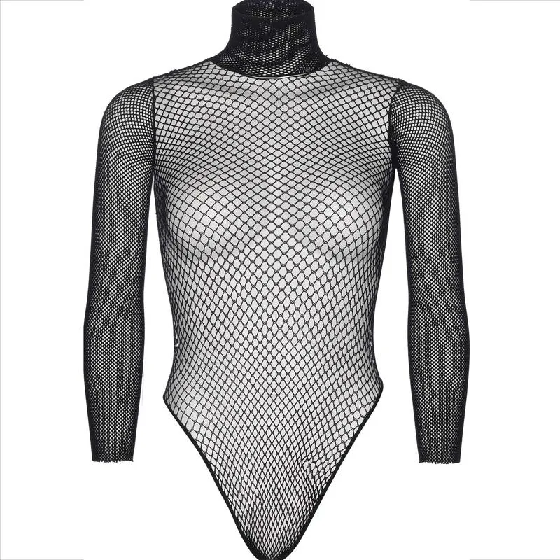 lingerie teddy résille noir col haut manches longues fermeture pression confort renfort coton nylon transparence séduisant pratique ajustable