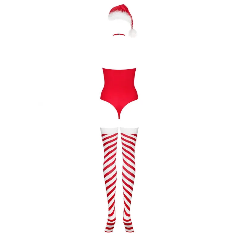 teddy peluche rouge festif sexy sensuel moulant extensible polyamide élasthanne bande silicone maintien collier fermoir bonnet noël bas assortis petite