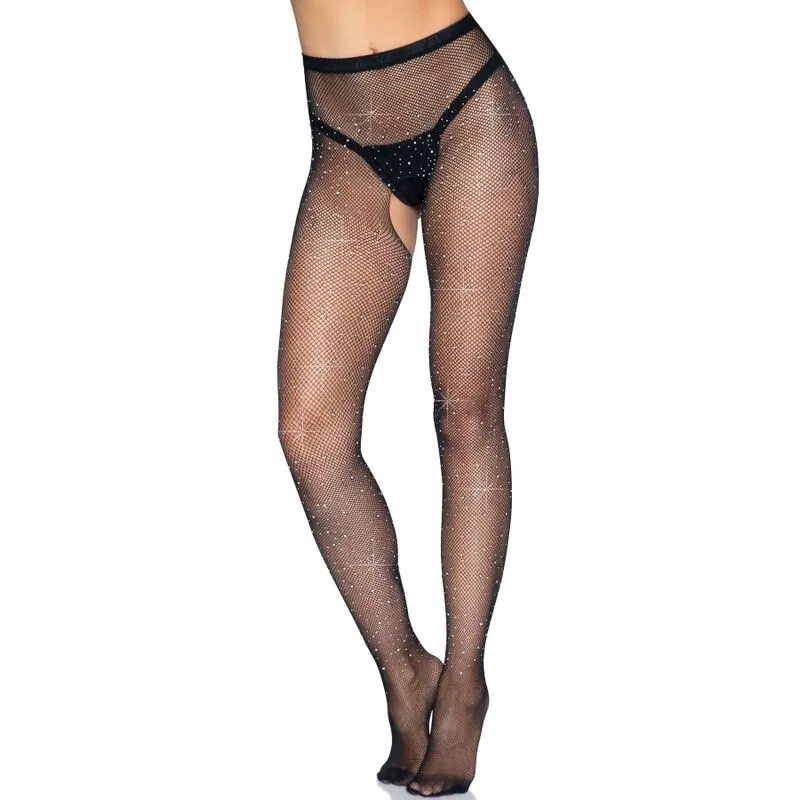 collants résille strass sans entrejambe dos ouvert coquin sensuelle féminine taille unique nylon élasthanne extensibles confortables glamour soirée séduction ajustement