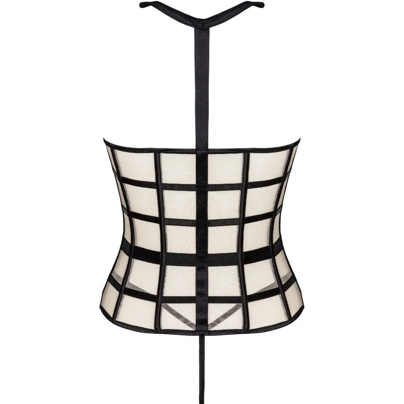 corset noir sexy bustier provocateur lingerie ensemble string assorti découpes audacieuses col soulignant taille fermeture éclair matière extensible