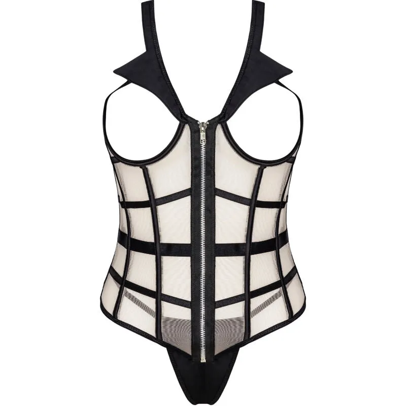 corset noir sexy bustier provocateur lingerie ensemble string assorti découpes audacieuses col soulignant taille fermeture éclair matière extensible