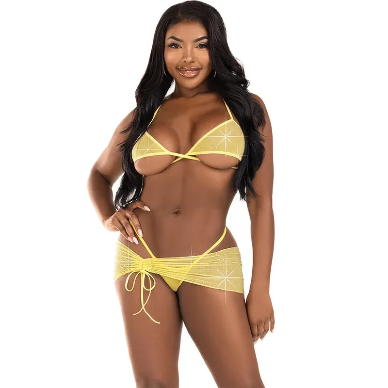 ensemble bikini lingerie camouflage strass rose jaune bleu soutiengorge maille portefeuille jupe cachemaillot noeud fronce string élastique sophistiqué