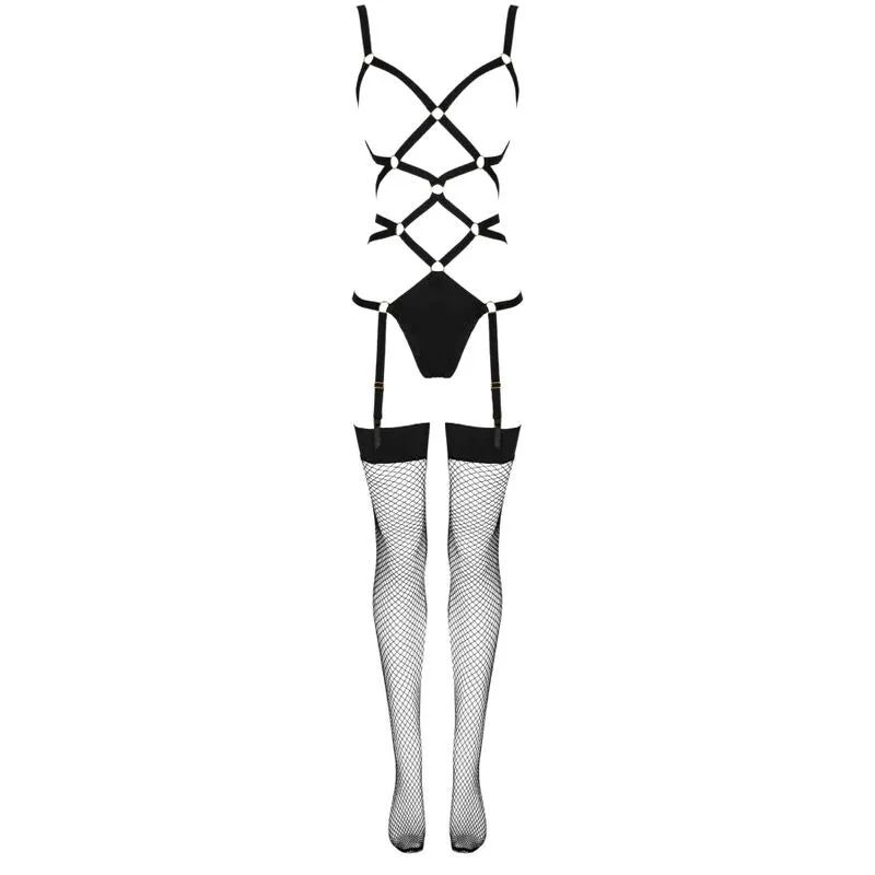 ensemble lingerie érotique noir rayures sexy audacieuse élégante mystérieuse dentelle fine maille réglable string bretelles anneaux sublimante