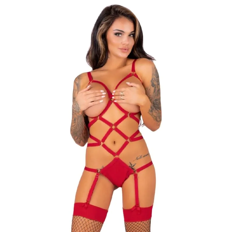 LIVCO CORSETTI Thiara ensemble lingerie érotique dentelle satin noir rouge rayures anneaux métalliques bretelles réglables bas maille confortable