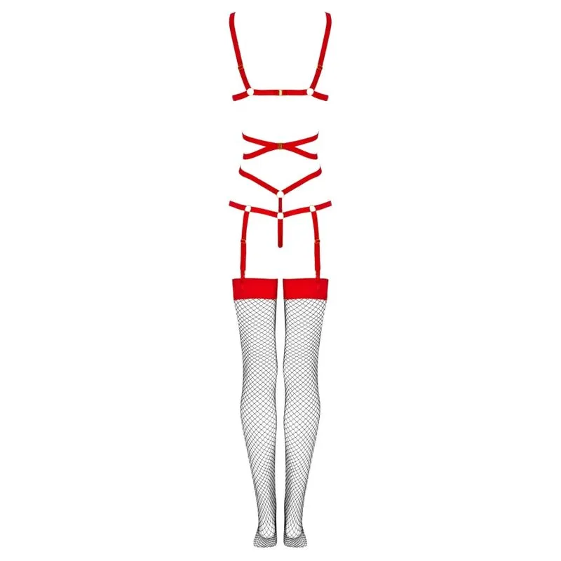 LIVCO CORSETTI Thiara ensemble lingerie érotique dentelle satin noir rouge rayures anneaux métalliques bretelles réglables bas maille confortable