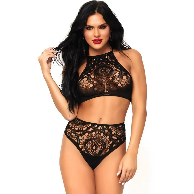 ensemble lingerie dentelle crochet noir dos nu taille haute tanga haut court bretelles fines cordon ajustable maintien élégant sensuel féminin