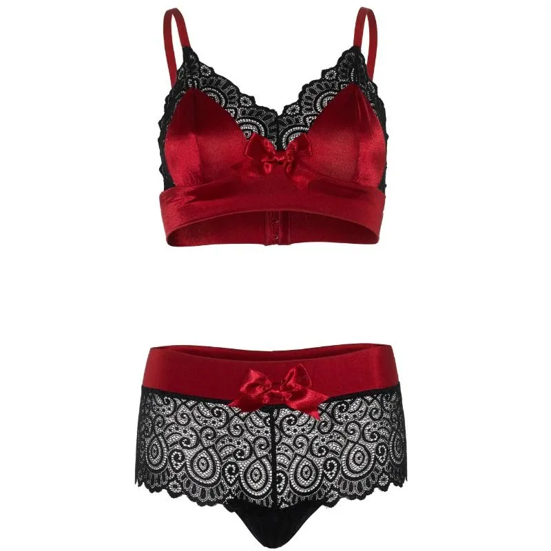 ensemble lingerie satin élasthanne dentelle noire rouge bralette culotte bretelles réglables fermeture crochets oeillets gousset coton confort séduction féminité