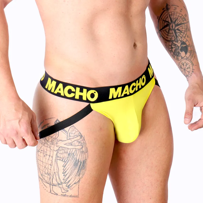 jockstrap homme lycra jaune fesses ouvertes confort maintien sportif respirant ajustable taille S M L XL audacieux