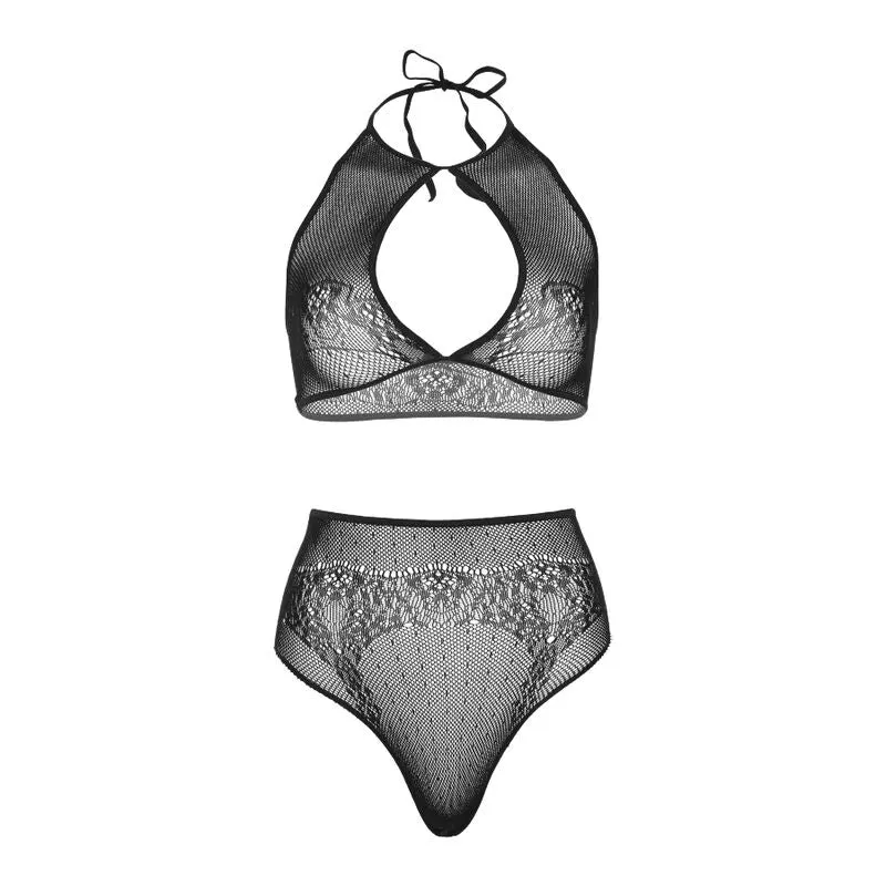 lingerie féminine résille pois dentelle ensemble deux pièces haut court dos nu culotte string taille haute