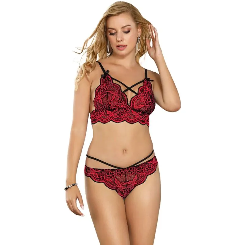 ensemble lingerie dentelle rouge noire sexy grande taille ajustable bretelles réglables maintien broderie raffinée confort extensible élasthanne silhouette séduisante
