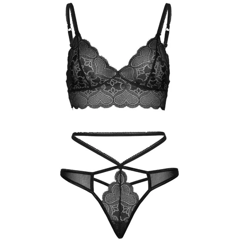 ensemble lingerie dentelle noire séduisante bralette cœur soutien légère string découpé lanières audacieuses confort ajustement parfait tailles S M élégance