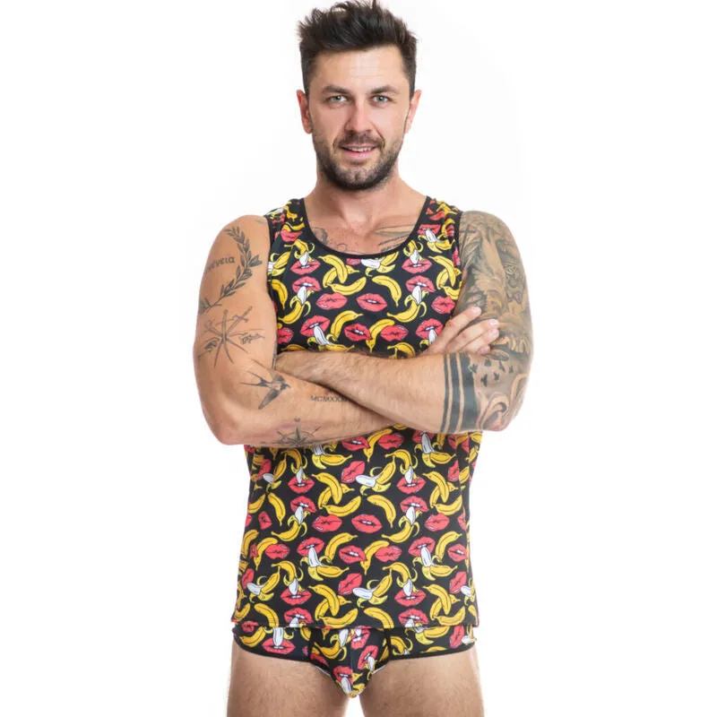 lingerie homme sexy lycra imprimé bananes ajustement parfait sans manches coupe moulante tissu extensible douceur qualité européenne ANAIS