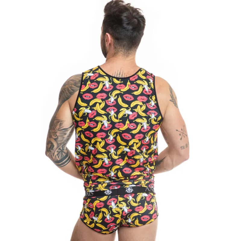 lingerie homme sexy lycra imprimé bananes ajustement parfait sans manches coupe moulante tissu extensible douceur qualité européenne ANAIS