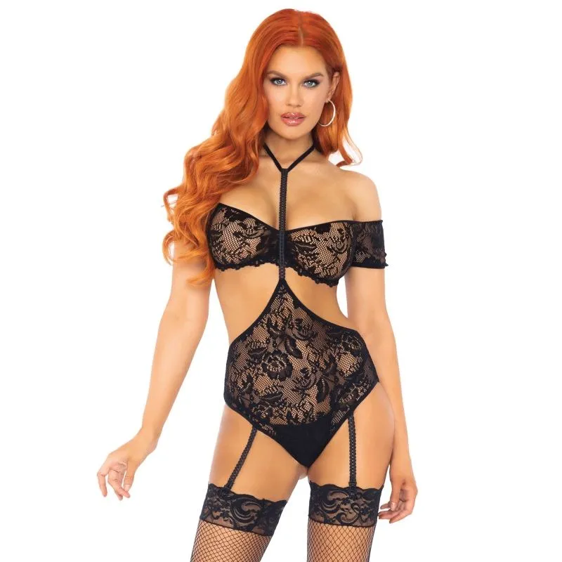 ensemble lingerie dentelle noire harnais licou jarretière manches revers femme bandeau teddy nylon extensible deux pièces séduction glamour