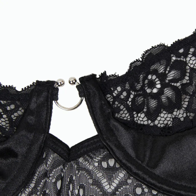 corset noir sensuel subblime détails dorés transparents lacets ajusté maintien confort élégance sophistication séduction soirée intime femme courbes généreuses qualité