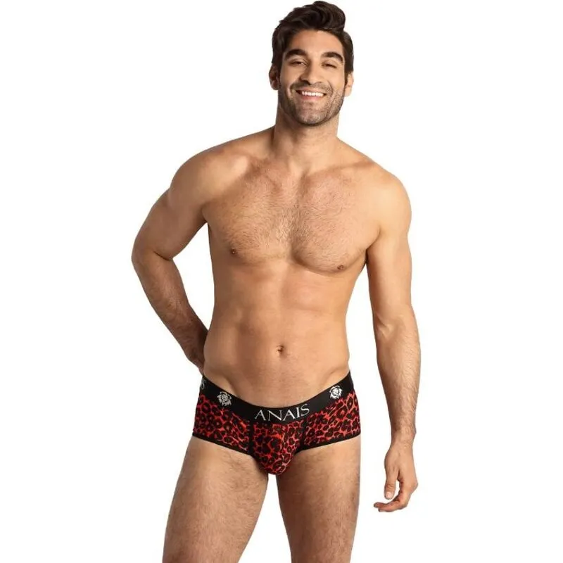 ANAIS slip microfibre rouge imprimé animal sexy masculin élégant confortable ajusté coupe sportive jambes courtes extensible polyamide élasthanne