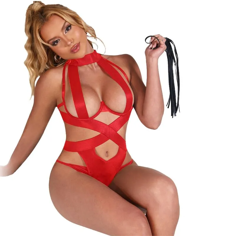 justaucorps licol rouge harnais entrelacé dos nu polyester élasthanne extensible coupe ajustée sensualité élégante soirée glamour tailles S M
