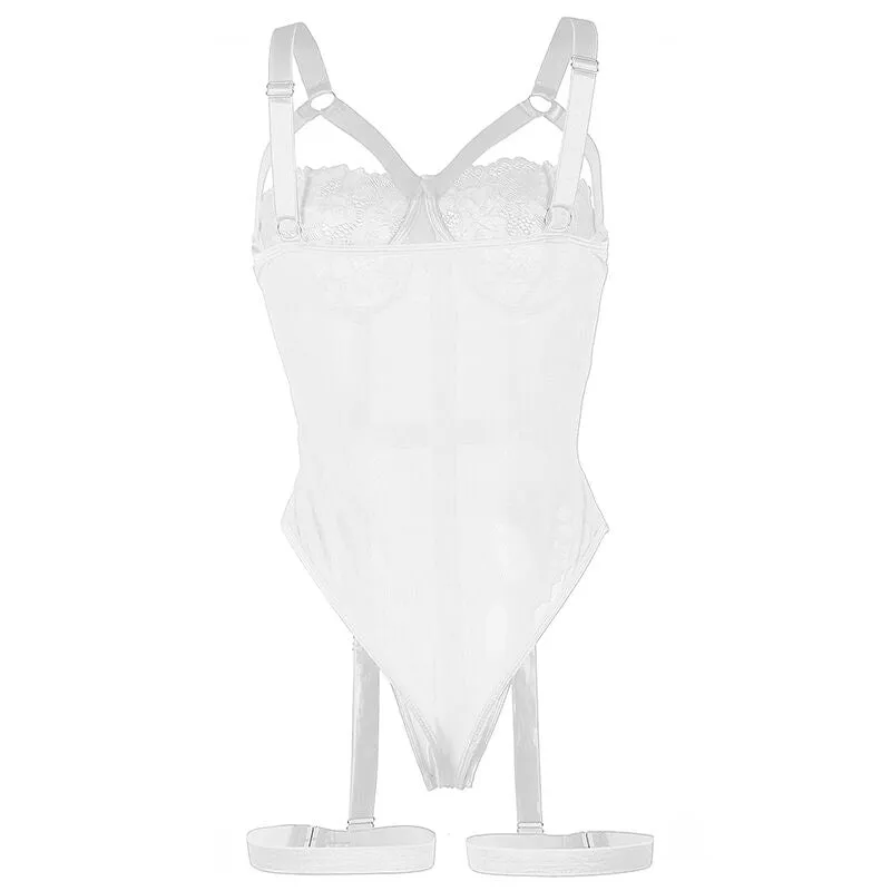justaucorps dentelle blanc sexy jarretière intégrée élégant sophistiqué sensuel ajusté moulant sculptant silhouette féminine charme luxueux confortable extensible polyester élasthanne