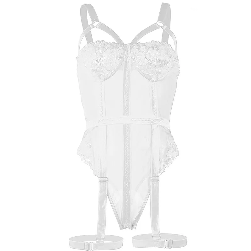 justaucorps dentelle blanc sexy jarretière intégrée élégant sophistiqué sensuel ajusté moulant sculptant silhouette féminine charme luxueux confortable extensible polyester élasthanne