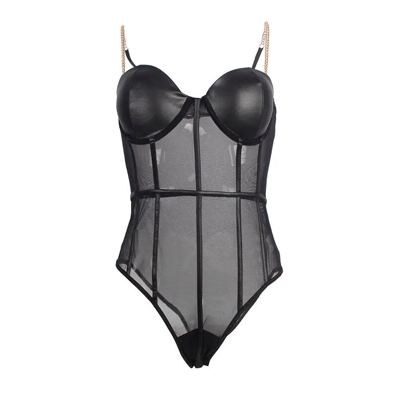 body femme noir élégant sangles métal panneaux transparents maintien confortable armatures intégrées moulant sexy glamour élastique doux sophistiqué