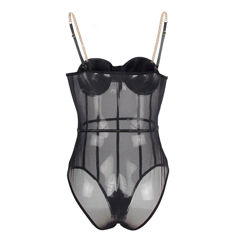 body femme noir élégant sangles métal panneaux transparents maintien confortable armatures intégrées moulant sexy glamour élastique doux sophistiqué