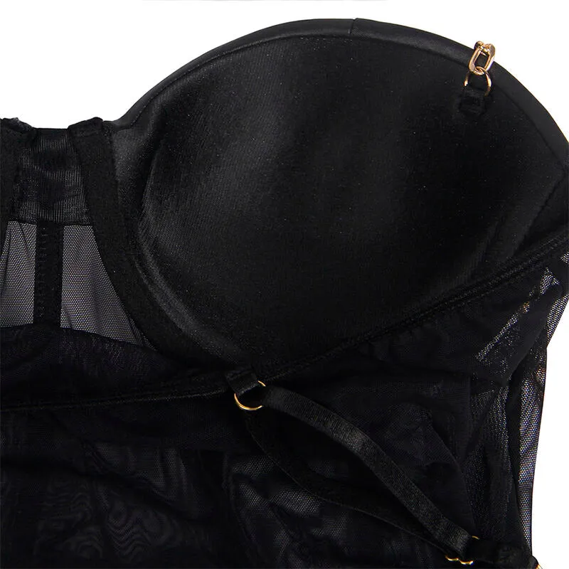 body femme noir élégant sangles métal panneaux transparents maintien confortable armatures intégrées moulant sexy glamour élastique doux sophistiqué