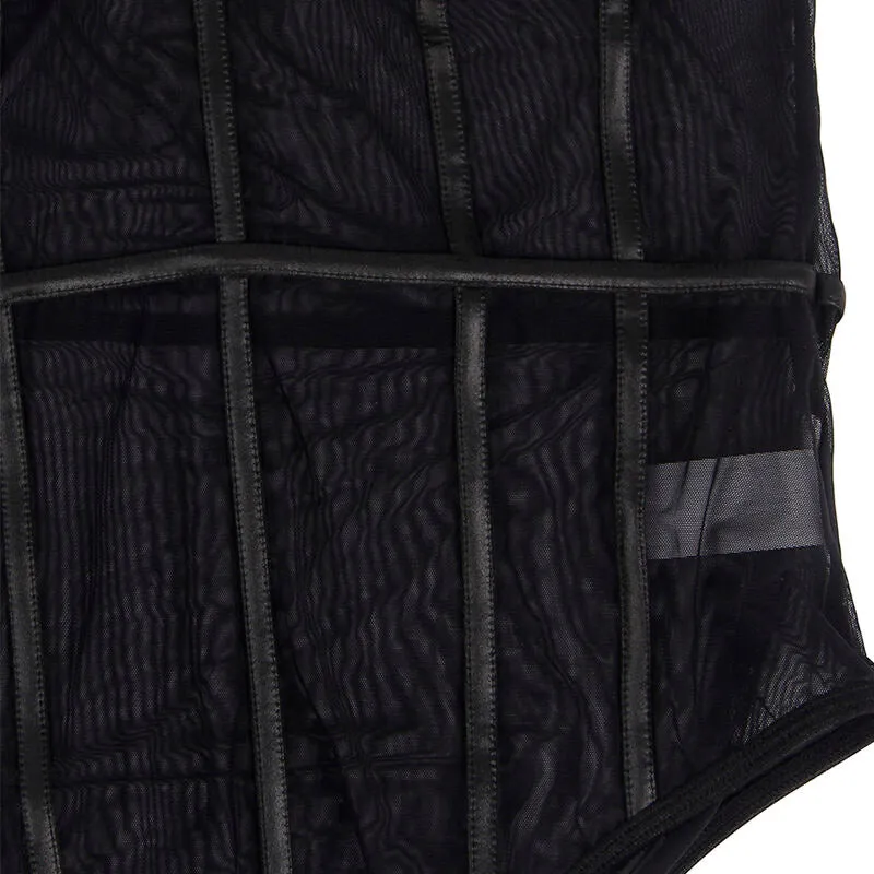 body femme noir élégant sangles métal panneaux transparents maintien confortable armatures intégrées moulant sexy glamour élastique doux sophistiqué