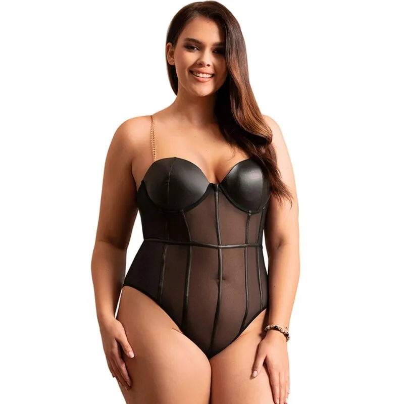 body femme noir élégant sangles métal panneaux transparents maintien confortable armatures intégrées moulant sexy glamour élastique doux sophistiqué