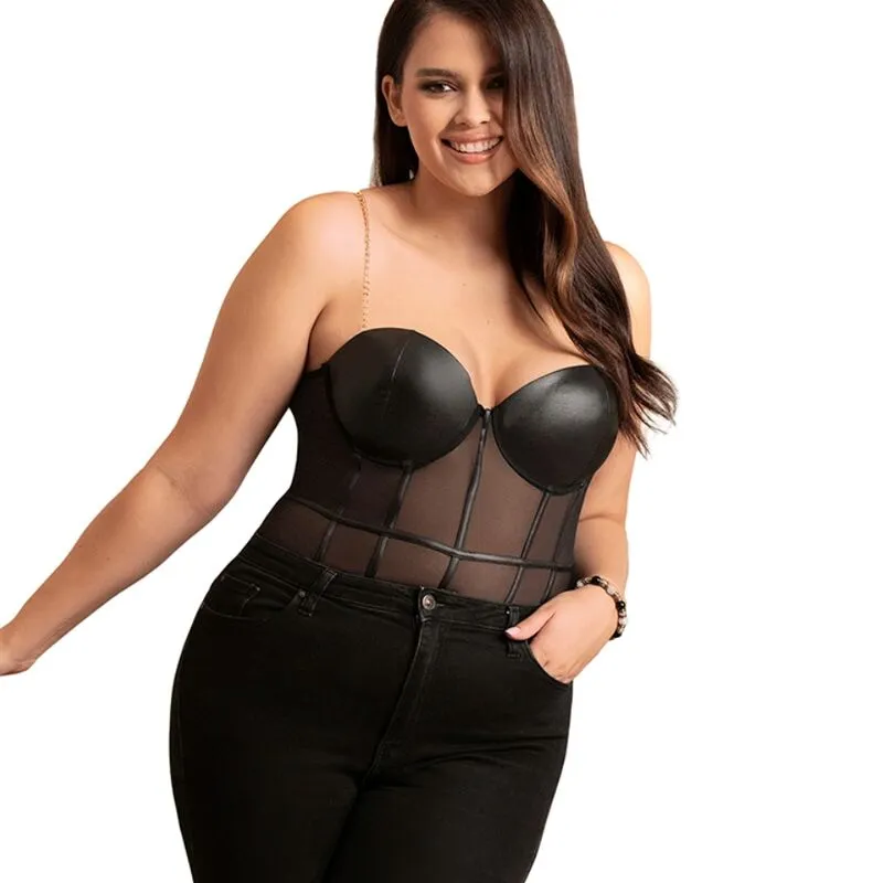 body femme noir élégant sangles métal panneaux transparents maintien confortable armatures intégrées moulant sexy glamour élastique doux sophistiqué